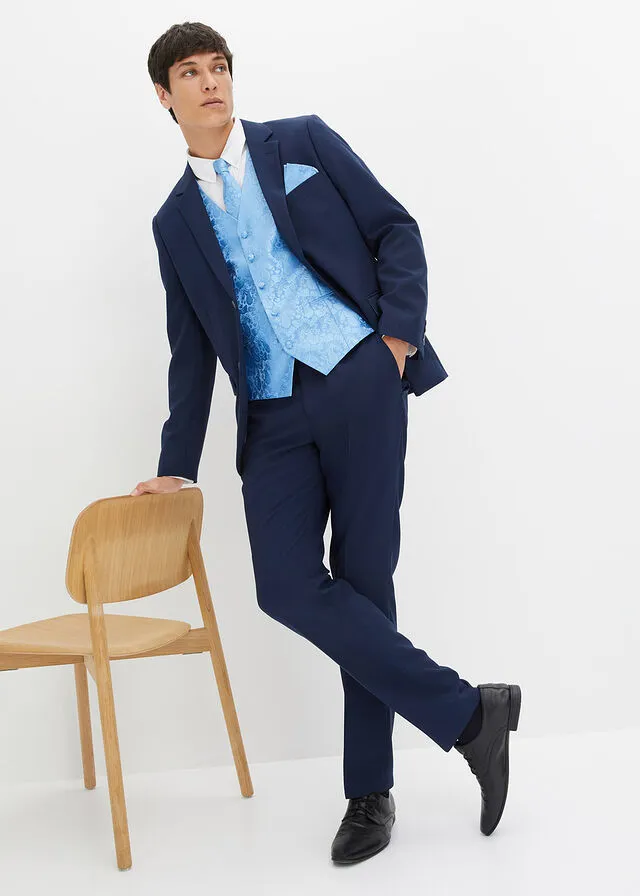 Traje (5 piezas): americana, pantalón, chaleco, corbata, pañuelo azul marino + azul pálido